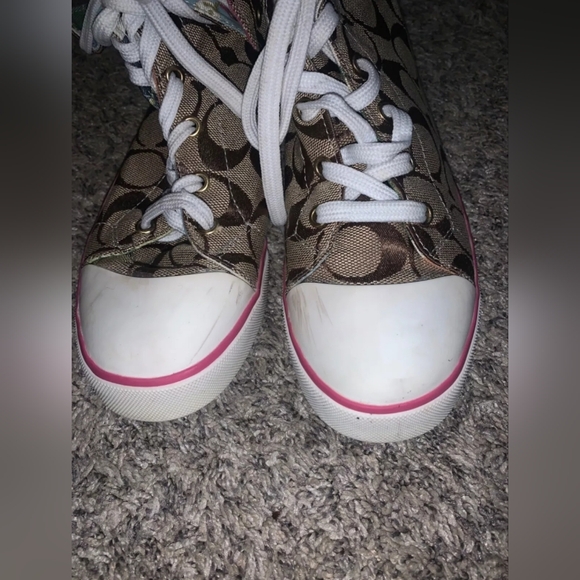 Coach Tan signature Canvas High Top Shoes Women Sz. 7 Barrett Graffiti FLAWED - Picture 7 of 12